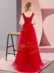 On Sale Sweep Train A-line Prom Gown Red V-neck Tulle Short Sleeves Floor Length Lace Up