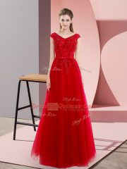 On Sale Sweep Train A-line Prom Gown Red V-neck Tulle Short Sleeves Floor Length Lace Up