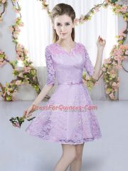 A-line Vestidos de Damas Lavender V-neck Lace Half Sleeves Mini Length Zipper