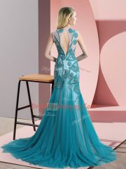 A-line Sleeveless Blue Prom Party Dress Sweep Train Backless