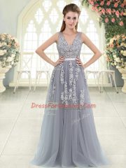 High End Grey V-neck Neckline Appliques Prom Evening Gown Sleeveless Zipper