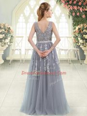 High End Grey V-neck Neckline Appliques Prom Evening Gown Sleeveless Zipper