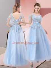 Graceful Light Blue A-line Appliques Lace Up Tulle Short Sleeves Floor Length