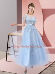 Graceful Light Blue A-line Appliques Lace Up Tulle Short Sleeves Floor Length