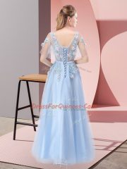 Graceful Light Blue A-line Appliques Lace Up Tulle Short Sleeves Floor Length