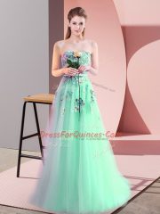Sexy Floor Length Apple Green Prom Evening Gown Tulle Sleeveless Appliques