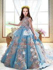Appliques Little Girls Pageant Dress Blue Backless Sleeveless Court Train