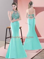 Halter Top Sleeveless Sweep Train Backless Prom Dress Blue and Apple Green Satin