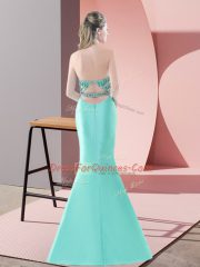 Halter Top Sleeveless Sweep Train Backless Prom Dress Blue and Apple Green Satin