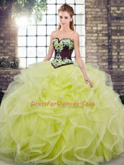 Cute Sweetheart Sleeveless Quinceanera Dresses Sweep Train Embroidery and Ruffles Yellow Green Tulle