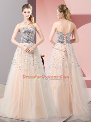 Traditional Floor Length Peach Prom Gown Sweetheart Sleeveless Lace Up