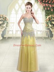 Fine Gold Tulle Zipper Homecoming Dress Sleeveless Floor Length Beading