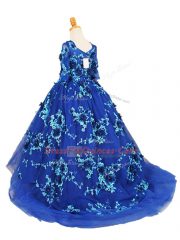V-neck Half Sleeves Tulle Pageant Gowns For Girls Beading and Appliques Brush Train Zipper