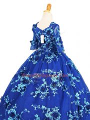 V-neck Half Sleeves Tulle Pageant Gowns For Girls Beading and Appliques Brush Train Zipper