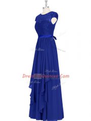 Chic A-line Prom Evening Gown Royal Blue Scoop Chiffon Cap Sleeves Floor Length Zipper