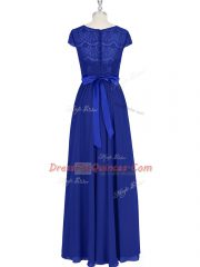 Chic A-line Prom Evening Gown Royal Blue Scoop Chiffon Cap Sleeves Floor Length Zipper