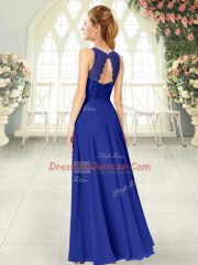 Super Sleeveless Floor Length Lace Backless Prom Evening Gown with Royal Blue