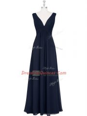 Black Backless V-neck Ruching Prom Gown Chiffon Sleeveless