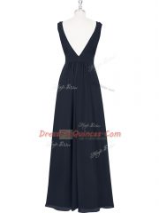 Black Backless V-neck Ruching Prom Gown Chiffon Sleeveless