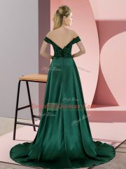 Modest Green Elastic Woven Satin Backless Prom Gown Sleeveless Sweep Train Beading