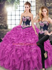 Artistic Fuchsia Sleeveless Embroidery and Ruffles Lace Up Sweet 16 Dress