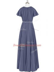 Sophisticated Floor Length Zipper Dress for Prom Blue for Prom and Party and Military Ball with Beading and Pleated