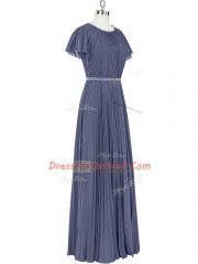 Sophisticated Floor Length Zipper Dress for Prom Blue for Prom and Party and Military Ball with Beading and Pleated
