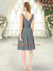 Grey Dress for Prom Prom and Party with Ruching V-neck Sleeveless Zipper