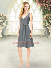 Grey Dress for Prom Prom and Party with Ruching V-neck Sleeveless Zipper