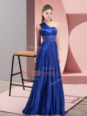 Empire Prom Gown Royal Blue One Shoulder Chiffon Sleeveless Floor Length Backless