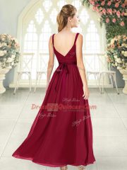 Stylish Ruching Party Dress Wholesale Wine Red Backless Sleeveless Floor Length