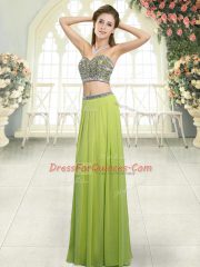 Olive Green Two Pieces Chiffon Sweetheart Sleeveless Beading Floor Length Backless Prom Party Dress