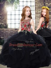 Tulle Sleeveless Floor Length Kids Formal Wear and Embroidery and Ruffles