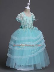 Cute Aqua Blue Flower Girl Dresses for Less Wedding Party with Appliques Spaghetti Straps Sleeveless Zipper