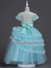 Cute Aqua Blue Flower Girl Dresses for Less Wedding Party with Appliques Spaghetti Straps Sleeveless Zipper