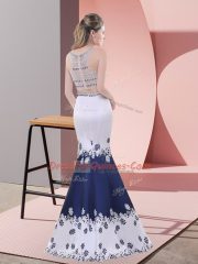Graceful Floor Length Blue And White Prom Dresses Scoop Sleeveless Zipper