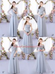 Designer Sleeveless Floor Length Appliques Lace Up Quinceanera Court of Honor Dress with Grey
