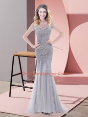 Fine Floor Length Grey Dress for Prom Tulle Short Sleeves Beading