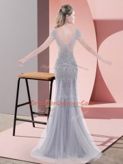 Fine Floor Length Grey Dress for Prom Tulle Short Sleeves Beading