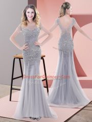 Fine Floor Length Grey Dress for Prom Tulle Short Sleeves Beading