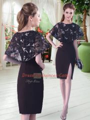 Low Price Knee Length Black Evening Dress Scoop Half Sleeves Lace Up