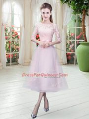 Baby Pink A-line Scoop Half Sleeves Ankle Length Lace Up Belt Homecoming Dress