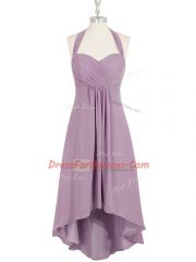 Ideal Lilac A-line Halter Top Sleeveless Chiffon High Low Zipper Ruching Prom Party Dress
