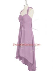 Ideal Lilac A-line Halter Top Sleeveless Chiffon High Low Zipper Ruching Prom Party Dress