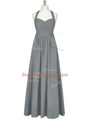 Customized Sleeveless Floor Length Ruching Zipper Prom Gown with Grey