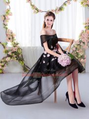 Black Tulle Off The Shoulder Short Sleeves High Low Court Dresses for Sweet 16 Appliques