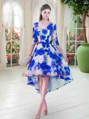 Artistic Belt Evening Dress Blue And White Lace Up Half Sleeves High Low