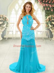 High End Chiffon Scoop Sleeveless Brush Train Backless Lace Homecoming Dress in Aqua Blue