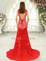 High End Chiffon Scoop Sleeveless Brush Train Backless Lace Homecoming Dress in Aqua Blue