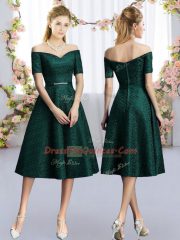 Dark Green Quinceanera Dama Dress Prom and Party and Wedding Party with Belt Off The Shoulder Short Sleeves